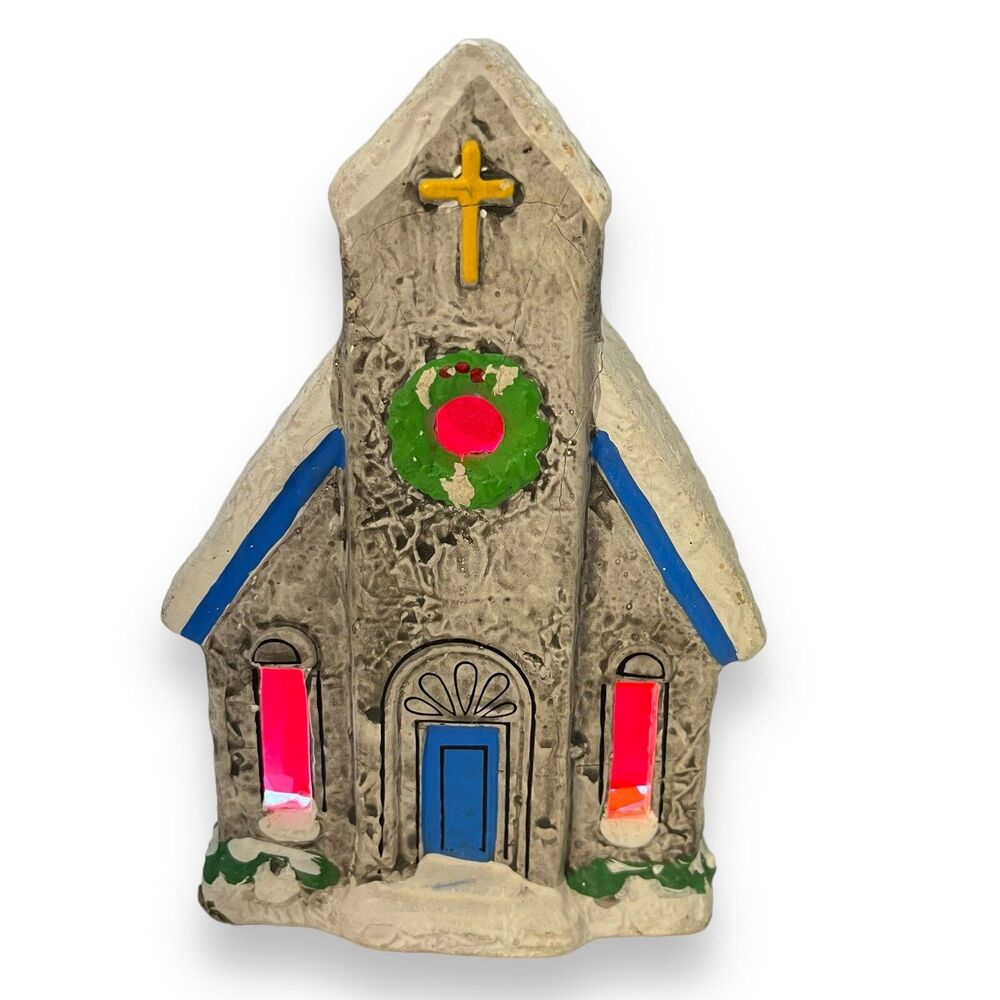 Vtg RB Japan Lighted Christmas Church Village House Stucco Cellophane Window MCM